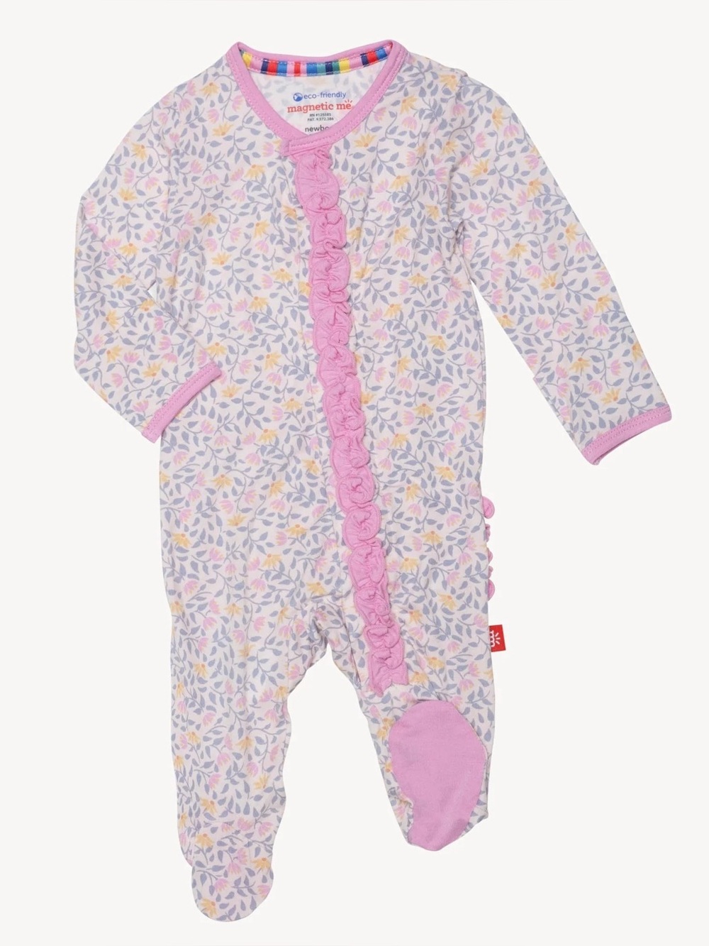 Magnetic Me Pink & Yellow Floral Ruffle Zip Footie